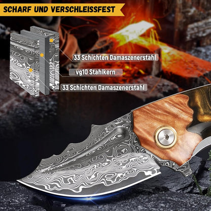 Handmade Japanese Damascus Steel Pocket Knife - EDC Folding Knife With Leather Sheath - Resin and Maple Handle White Hills Knives