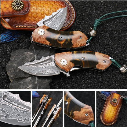 Handmade Japanese Damascus Steel Pocket Knife - EDC Folding Knife With Leather Sheath - Resin and Maple Handle White Hills Knives