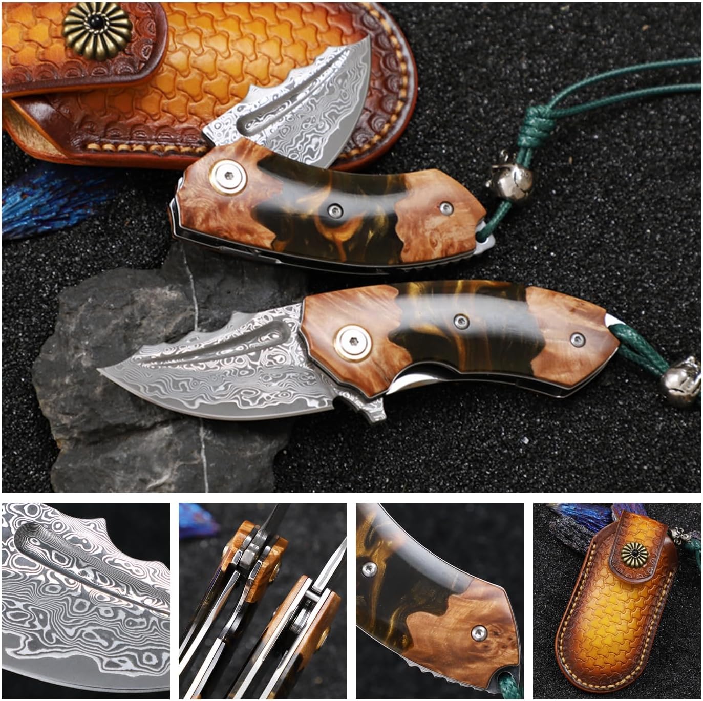 Handmade Japanese Damascus Steel Pocket Knife - EDC Folding Knife With Leather Sheath - Resin and Maple Handle