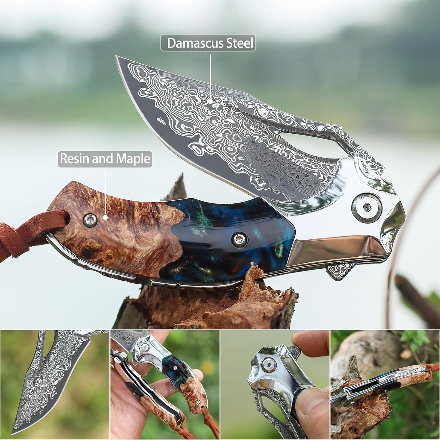 Handmade Damascus Steel Pocket Knife - Folding Knife - Outdoor Camping Hunting Survival Knife EDC White Hills Knives