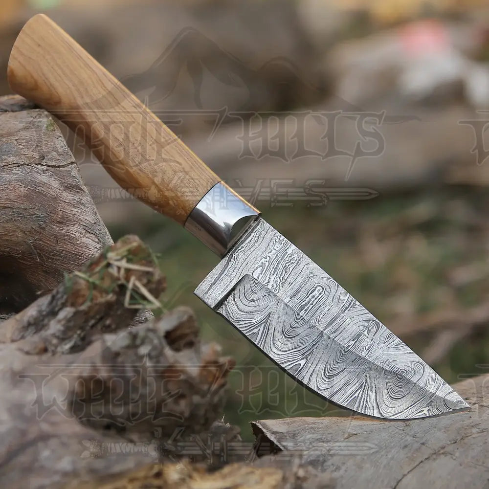 9.5 Hand Forged Damascus Steel Skinner Knife - Olive Wood Handle Collectibles:knives Swords &