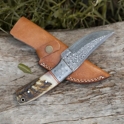 9 Hand Forged Damascus Steel Full Tang Skinner Knife - Ram Horn Handle & Bolster Collectibles:knives
