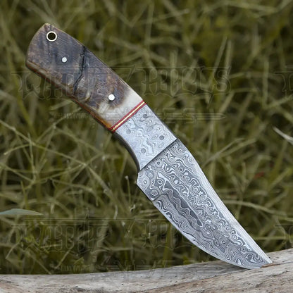 9 Hand Forged Damascus Steel Full Tang Skinner Knife - Ram Horn Handle & Bolster Collectibles:knives