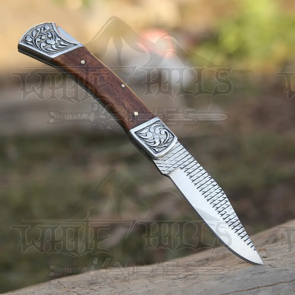 9 Handmade Engraved Bolster Pocket Knife - Folding Dark Wood Handle Wh 5035