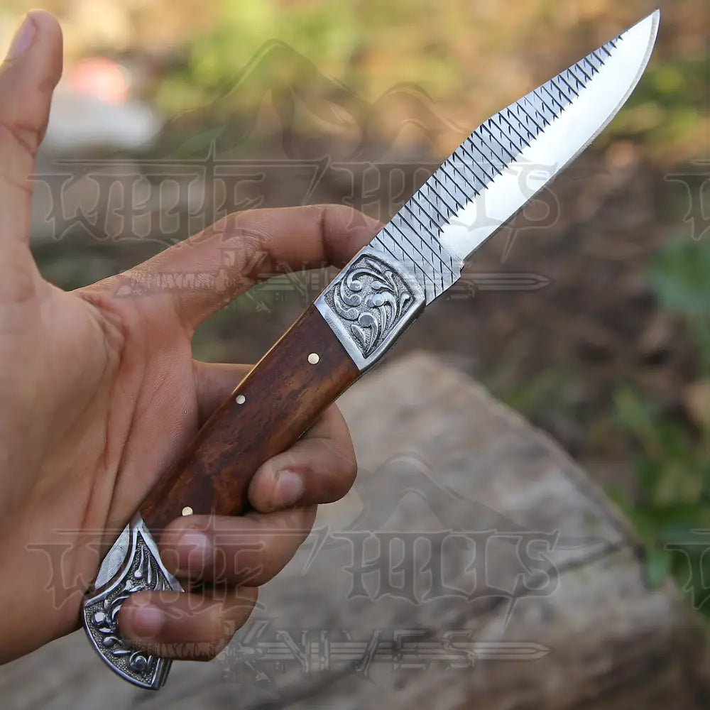 Folding Knife Hand Forged Damascus Stain Wood Handle With Engraved Bolster  WH 1558 – White Hills Knives