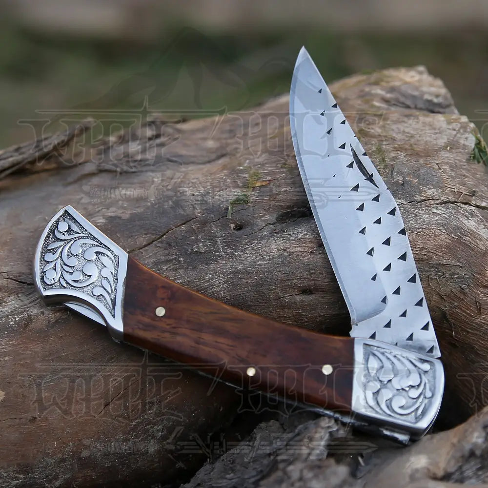 9 Handmade Engraved Bolster Pocket Knife - Folding Dark Wood Handle Wh 5035