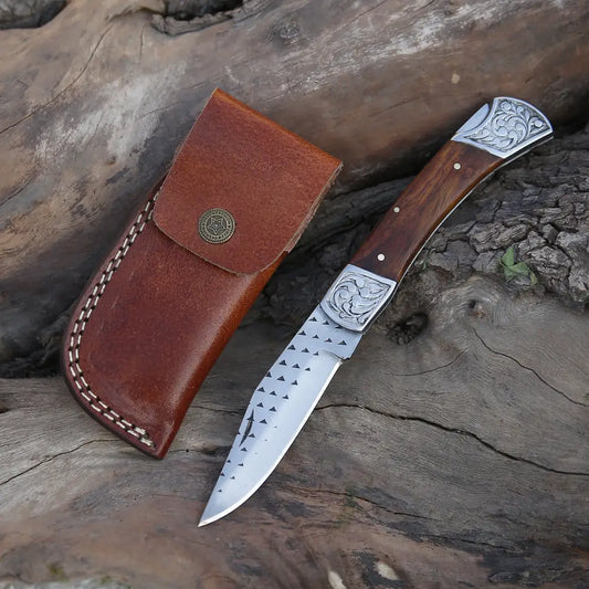 9 Handmade Engraved Bolster Pocket Knife - Folding Dark Wood Handle Wh 5035