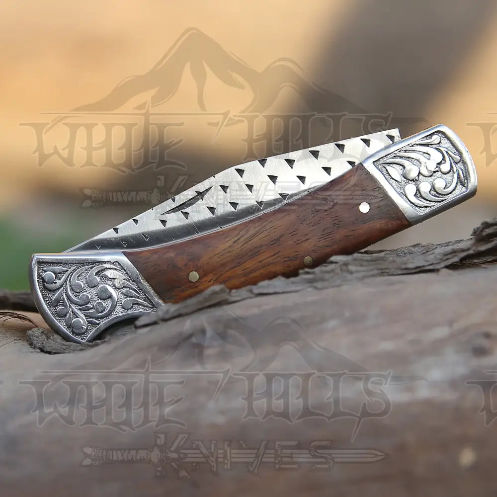 Folding Knife Hand Forged Damascus Stain Wood Handle With Engraved Bolster  WH 1558 – White Hills Knives