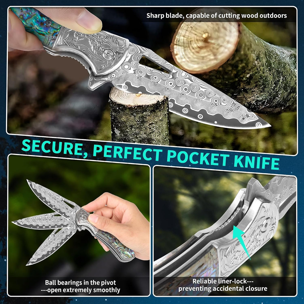 Handmade Damascus Steel Pocket Knife – Abalone Shell Handle with Engraved Bolster & Leather Sheath White Hills Knives