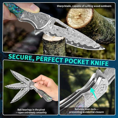 Handmade Damascus Steel Pocket Knife – Abalone Shell Handle with Engraved Bolster & Leather Sheath White Hills Knives