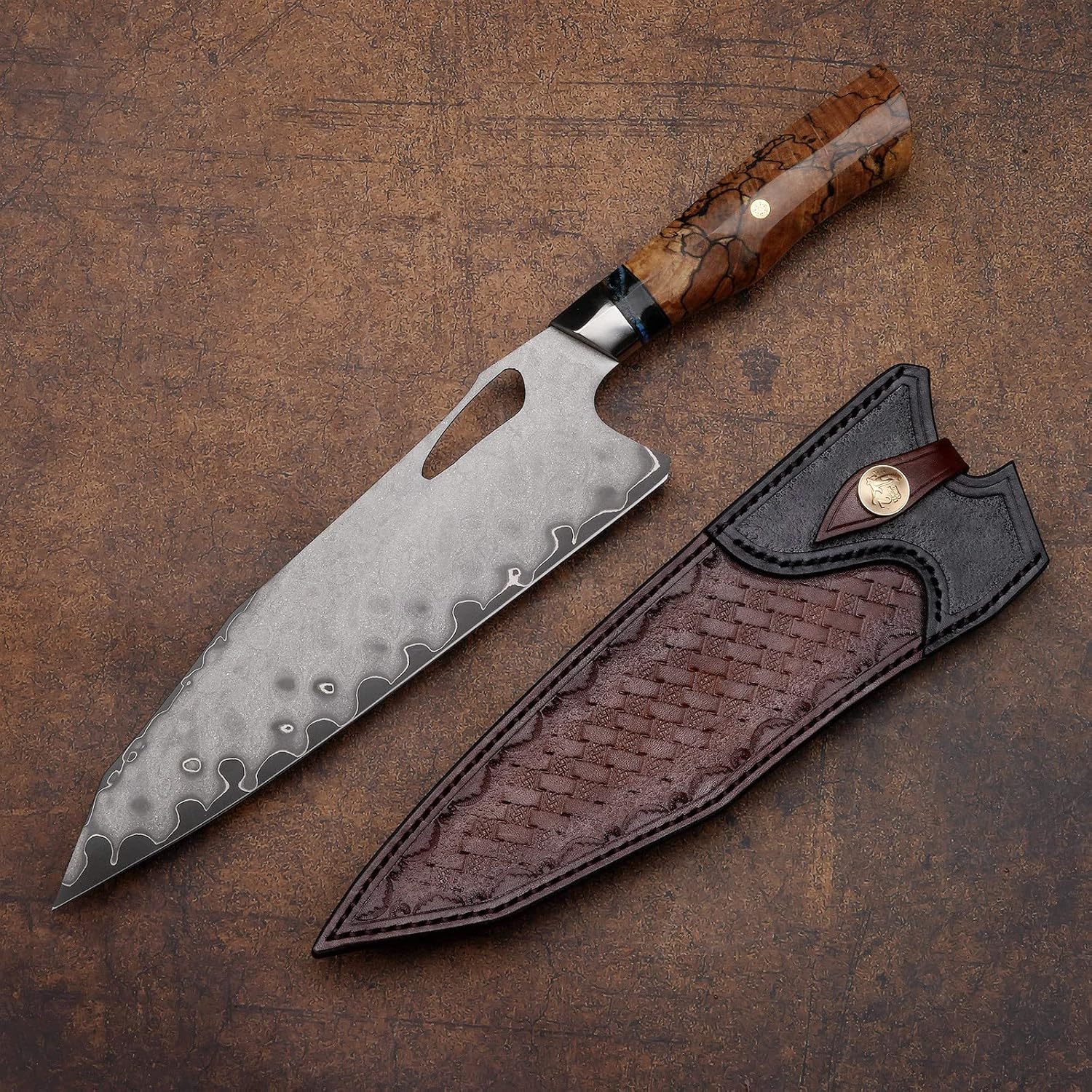 Haruto Damascus steel Japanese Chef Knife - Maple Wood with Mammoth Stone Handle White Hills Knives