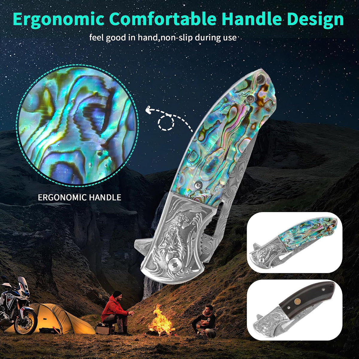 Handmade Damascus Steel Pocket Knife – Abalone Shell Handle with Engraved Bolster & Leather Sheath White Hills Knives
