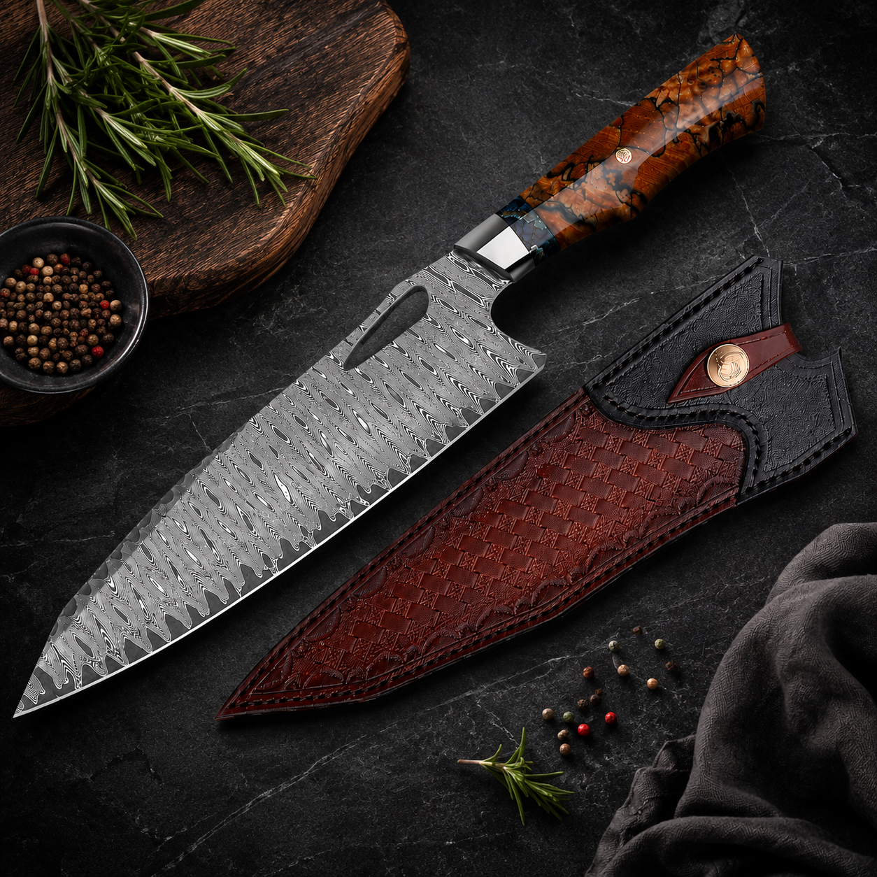 VG10 Damascus Chef Knife – 73 Layer Japanese Chef Knife with Stabilized Wood Handle & Leather Sheath