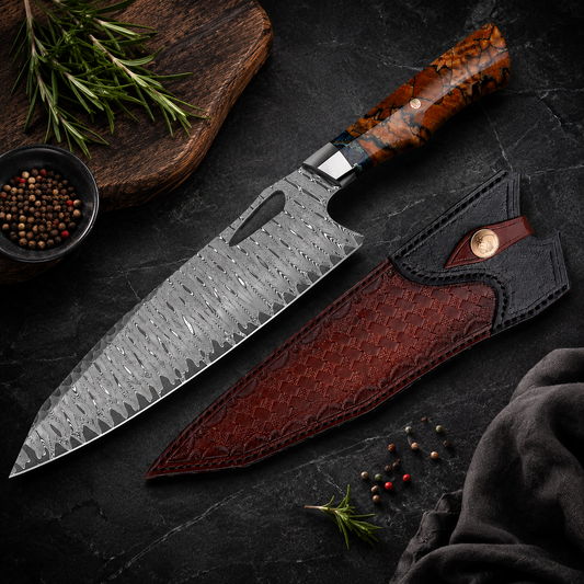 VG10 Damascus Chef Knife – 73 Layer Japanese Chef Knife with Stabilized Wood Handle & Leather Sheath