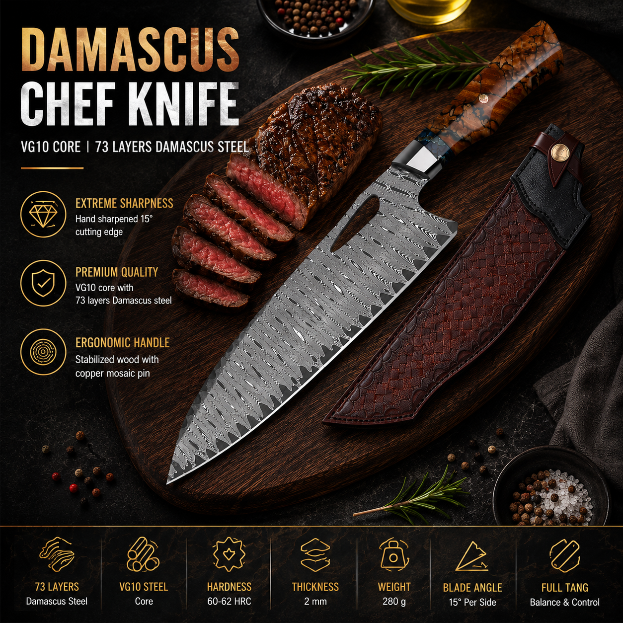 VG10 Damascus Chef Knife – 73 Layer Japanese Chef Knife with Stabilized Wood Handle & Leather Sheath