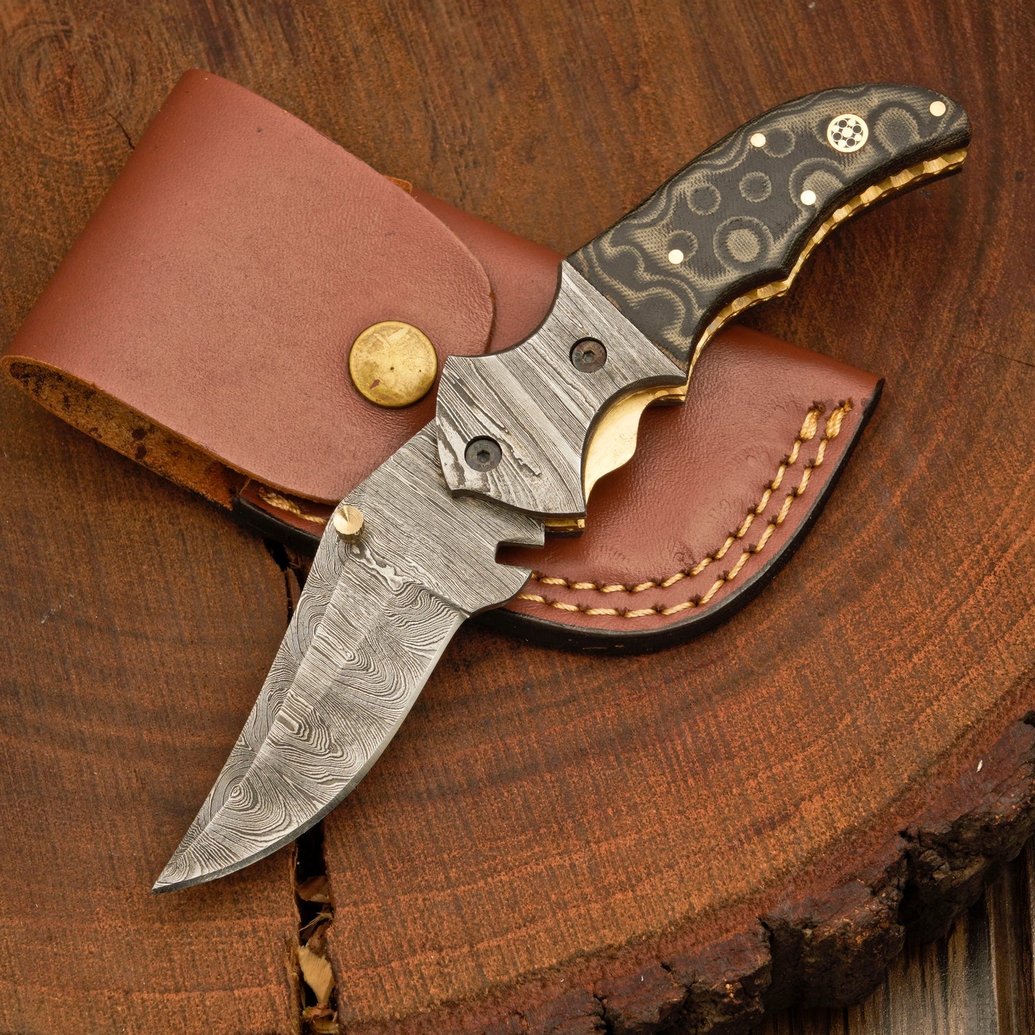DAMASCUS POCKET KNIFE WITH LEATHER SHEATH