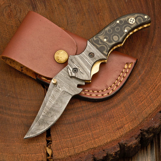 DAMASCUS POCKET KNIFE WITH LEATHER SHEATH
