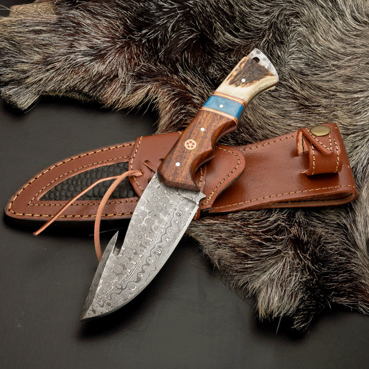 Custom Hand Forged Damascus Steel Hunting Knife EDC-Fixed blade knife - Damascus Gut Hook Knife