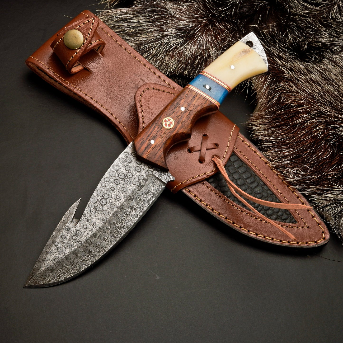 10" Hand Forged Damascus Steel Hunting Knife with Leather Sheath - Damascus Gut Hook Knife White Hills Knives