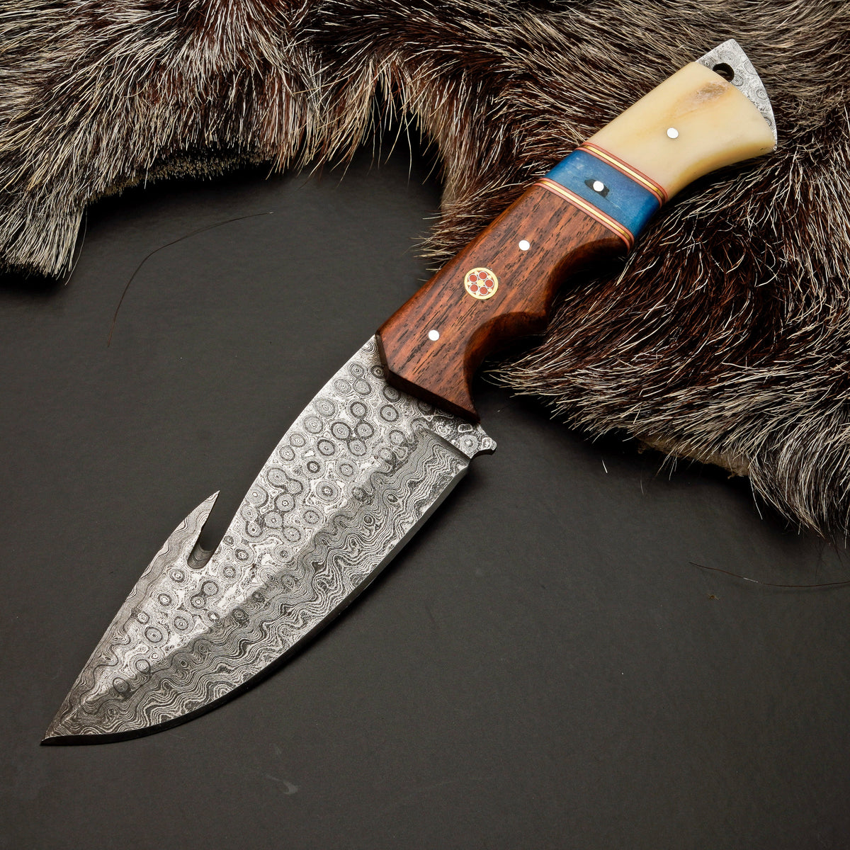 10" Hand Forged Damascus Steel Hunting Knife with Leather Sheath - Damascus Gut Hook Knife White Hills Knives