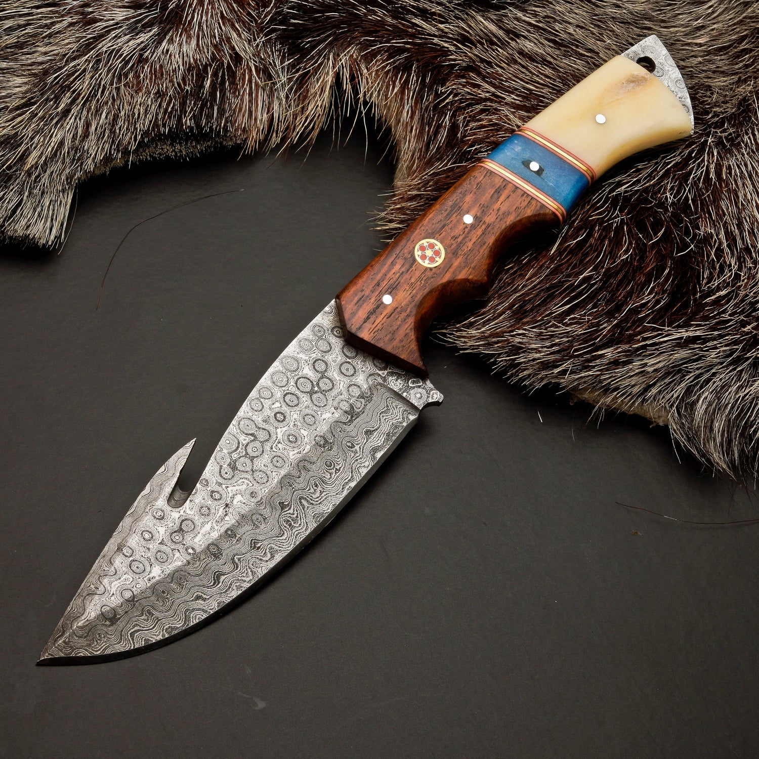 10" Hand Forged Damascus Steel Hunting Knife with Leather Sheath - Damascus Gut Hook Knife White Hills Knives