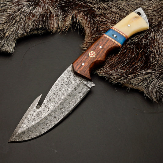 10" Hand Forged Damascus Steel Hunting Knife with Leather Sheath - Damascus Gut Hook Knife