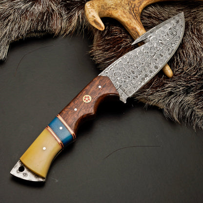 10" Hand Forged Damascus Steel Hunting Knife with Leather Sheath - Damascus Gut Hook Knife White Hills Knives