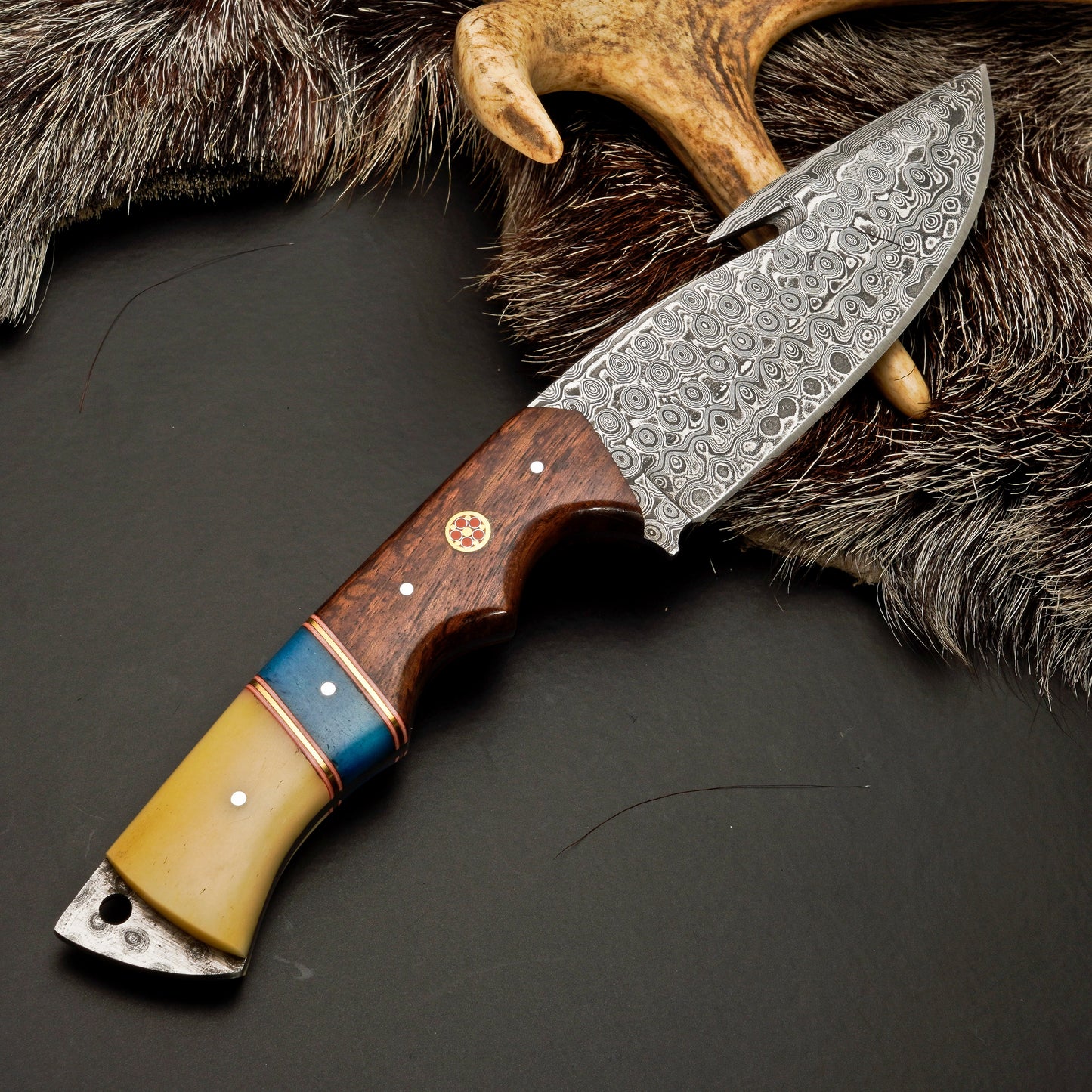 10" Hand Forged Damascus Steel Hunting Knife with Leather Sheath - Damascus Gut Hook Knife White Hills Knives