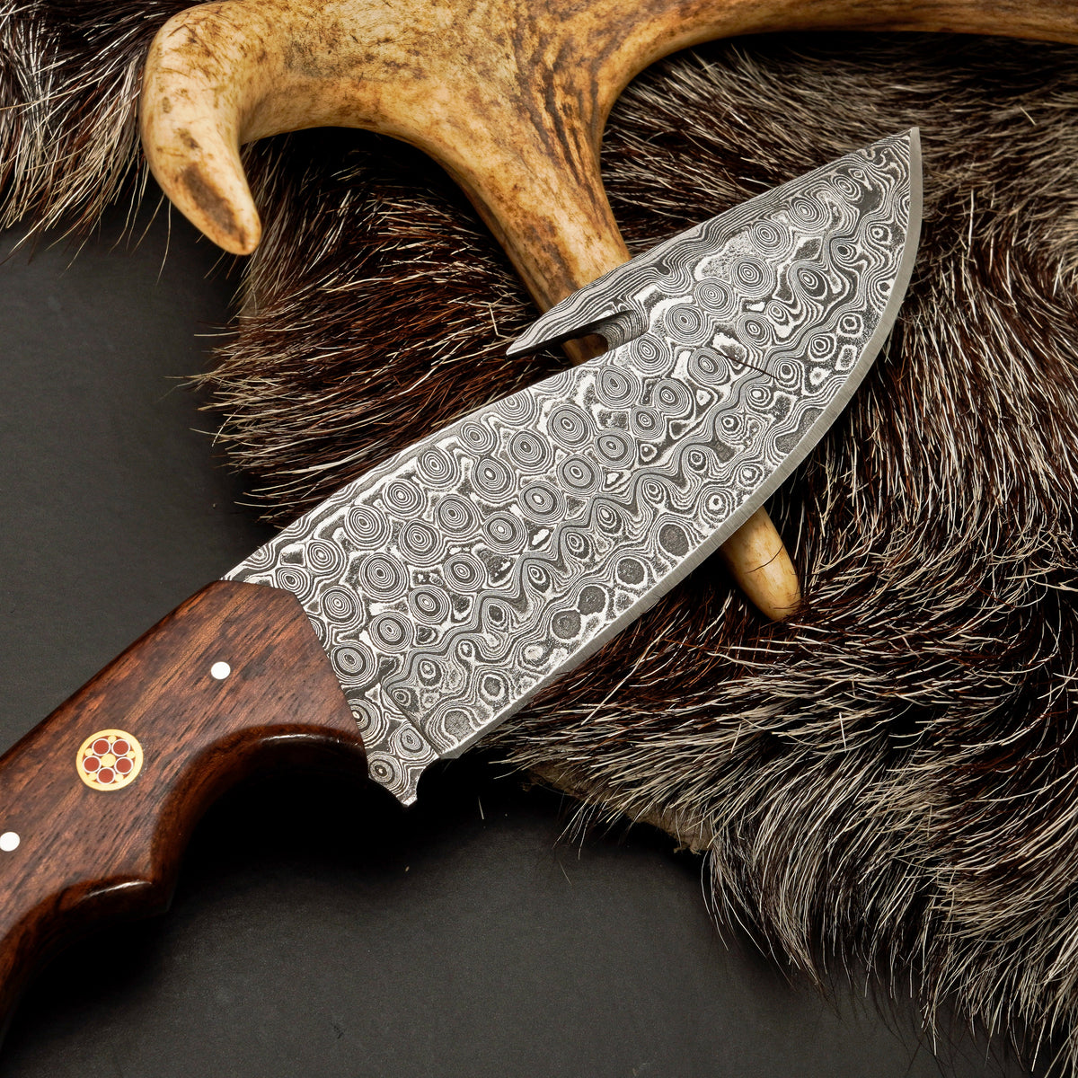 10" Hand Forged Damascus Steel Hunting Knife with Leather Sheath - Damascus Gut Hook Knife White Hills Knives