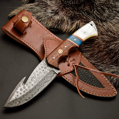 10" Hand Forged Damascus Steel Gut Hook Hunting Knife with Leather Sheath White Hills Knives