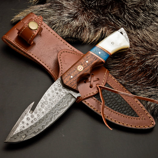 10" Hand Forged Damascus Steel Gut Hook Hunting Knife with Leather Sheath
