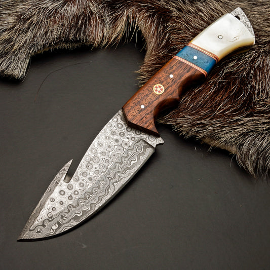 10" Hand Forged Damascus Steel Gut Hook Hunting Knife with Leather Sheath