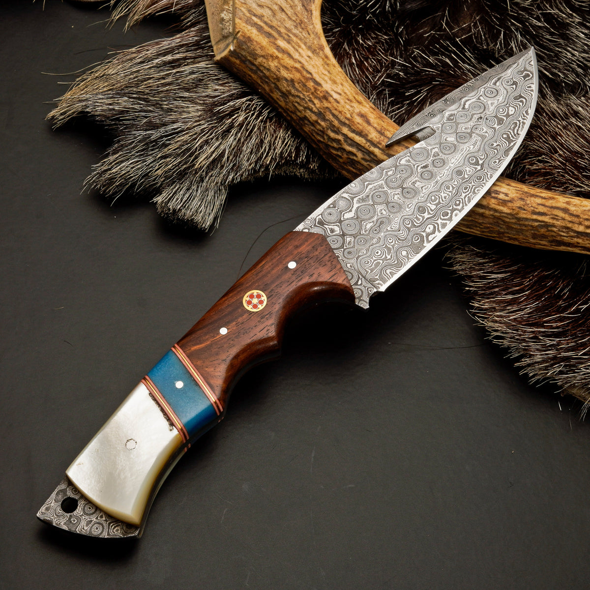 10" Hand Forged Damascus Steel Gut Hook Hunting Knife with Leather Sheath White Hills Knives