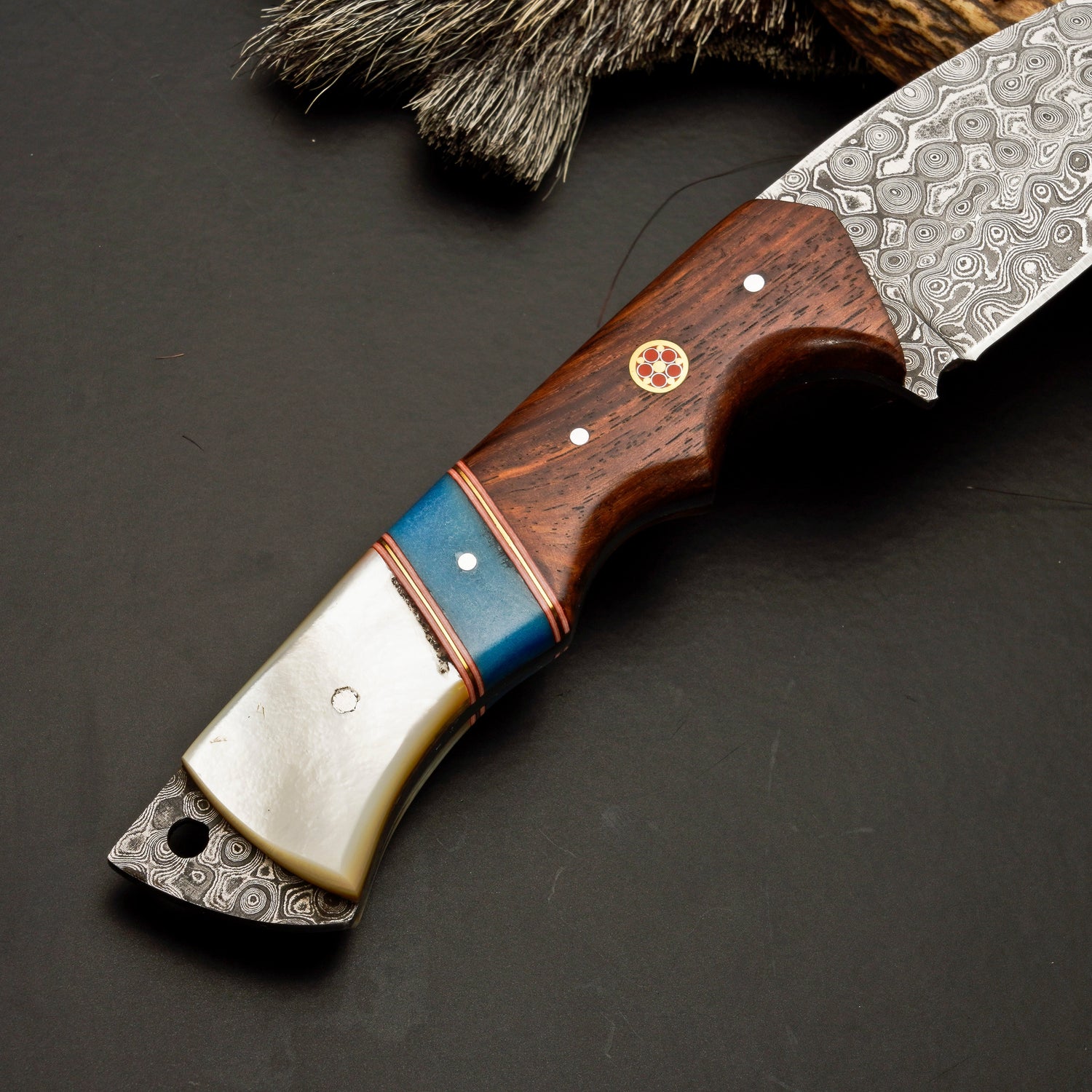 10" Hand Forged Damascus Steel Gut Hook Hunting Knife with Leather Sheath White Hills Knives