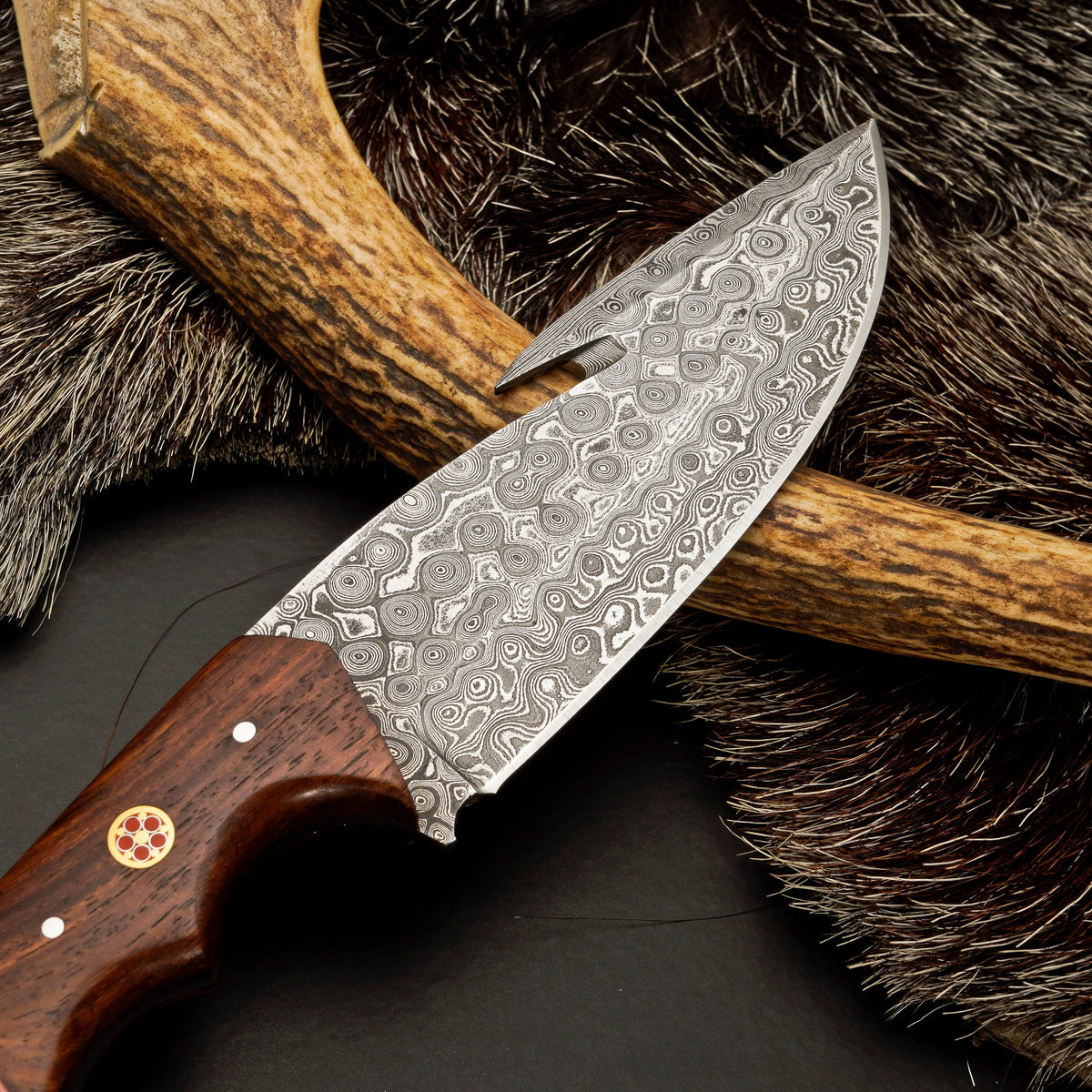 10" Hand Forged Damascus Steel Gut Hook Hunting Knife with Leather Sheath White Hills Knives