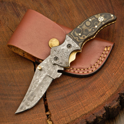 Handmade Damascus folding pocket knife with clip - Raindrop Pattern WH 3542-CP