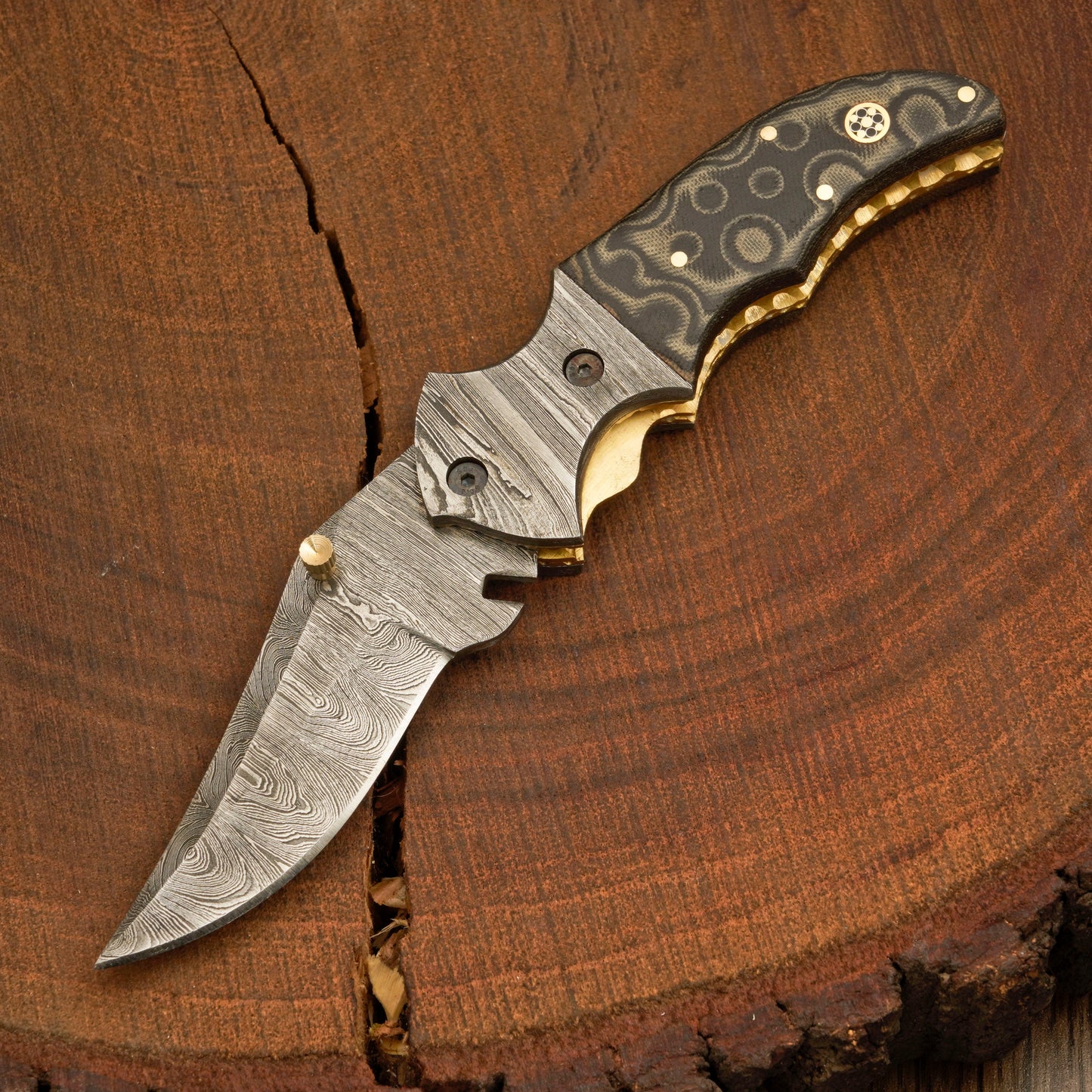 Handmade Damascus Pocket Knife With Leather Sheath - Damascus Bolster With Colored Resin Handle 3541