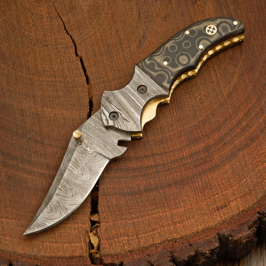 Handmade Damascus Pocket Knife With Leather Sheath - Damascus Bolster With Colored Resin Handle 3541