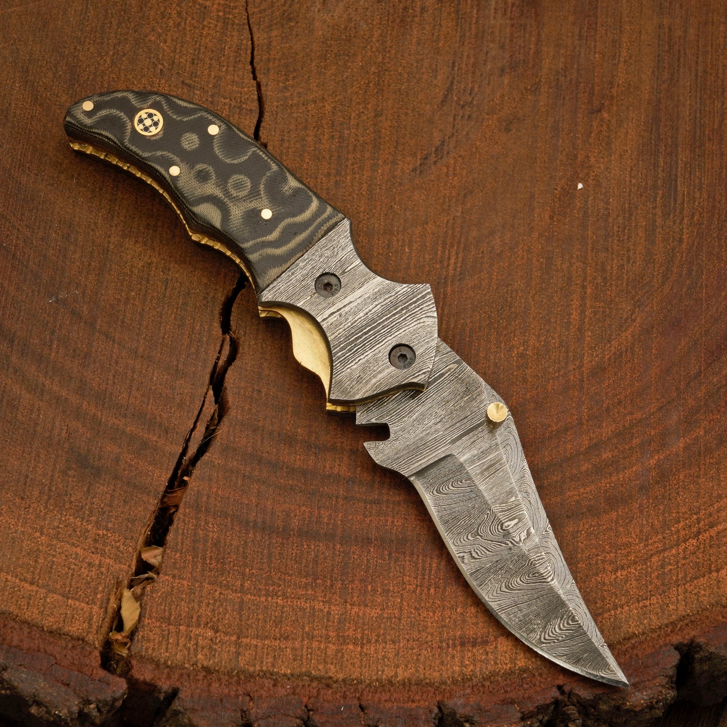 Handmade Damascus Pocket Knife With Leather Sheath - Damascus Bolster With Colored Resin Handle 3541
