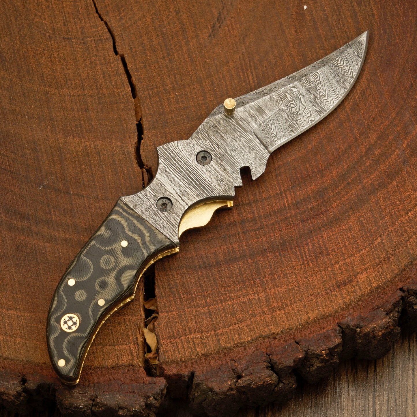 Handmade Damascus Pocket Knife With Leather Sheath - Damascus Bolster With Colored Resin Handle 3541
