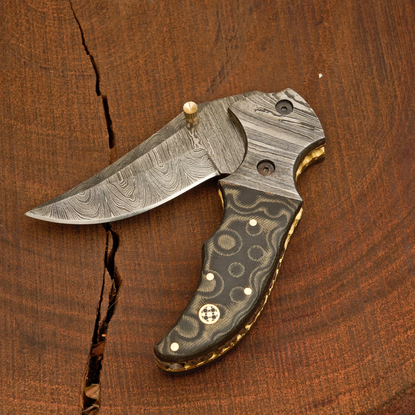 Handmade Damascus Pocket Knife With Leather Sheath - Damascus Bolster With Colored Resin Handle 3541