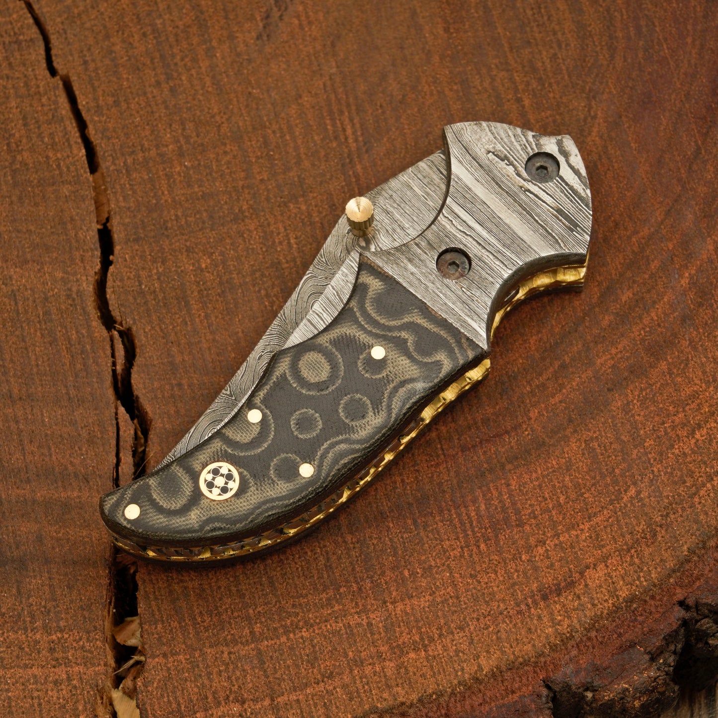 Handmade Damascus Pocket Knife With Leather Sheath - Damascus Bolster With Colored Resin Handle 3541