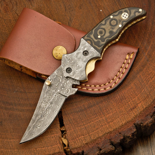 7 inch Pocket Folding Knife - Raindrop Damascus Pattern - Damascus Bolster With Colored Resin Handle 3542