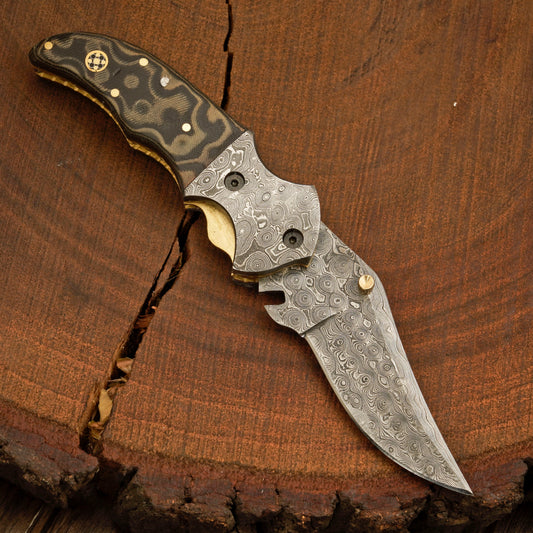 7 inch Pocket Folding Knife - Raindrop Damascus Pattern - Damascus Bolster With Colored Resin Handle 3542
