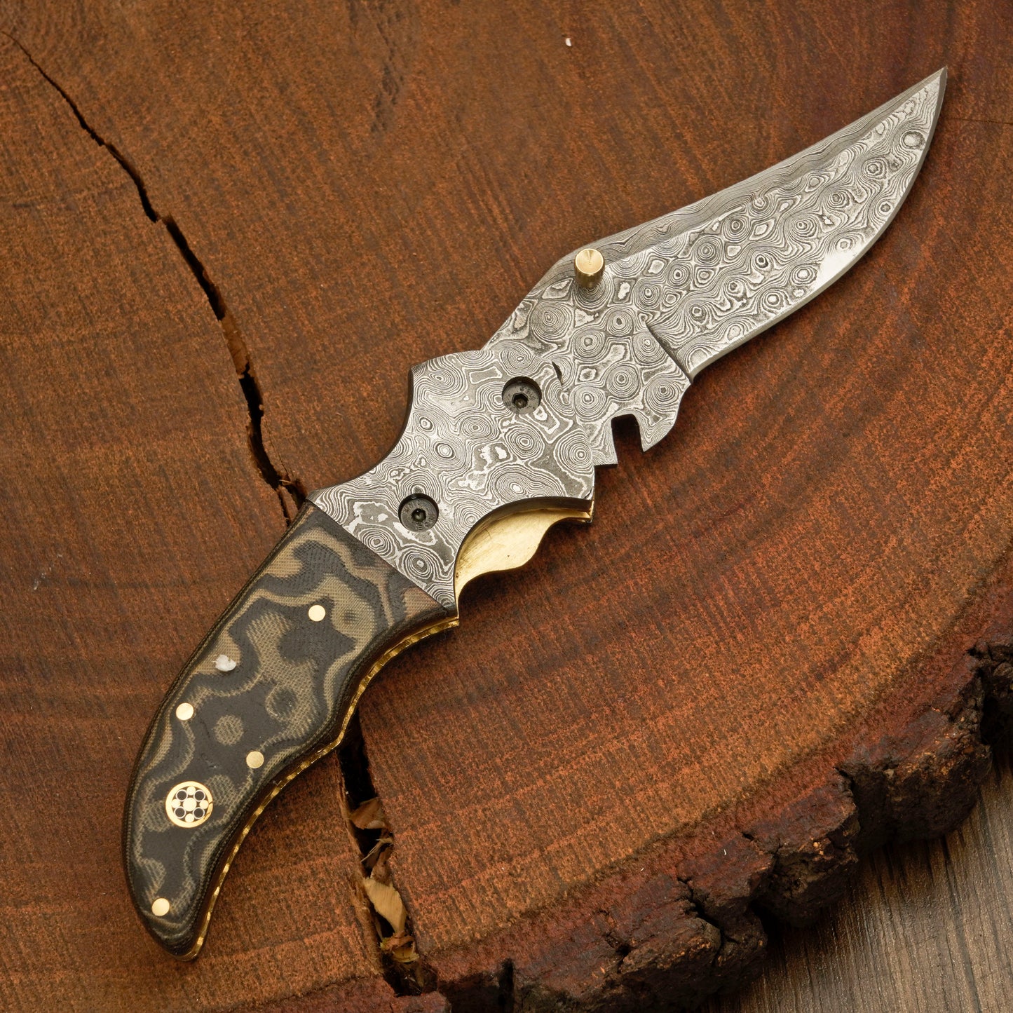 7 inch Pocket Folding Knife - Raindrop Damascus Pattern - Damascus Bolster With Colored Resin Handle 3542