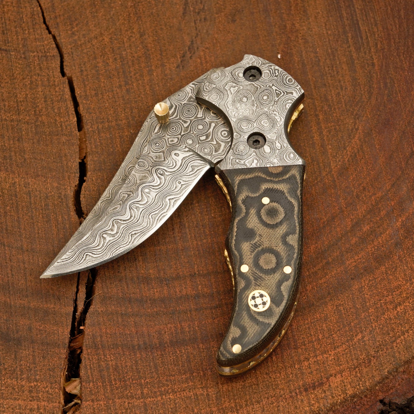 7 inch Pocket Folding Knife - Raindrop Damascus Pattern - Damascus Bolster With Colored Resin Handle 3542
