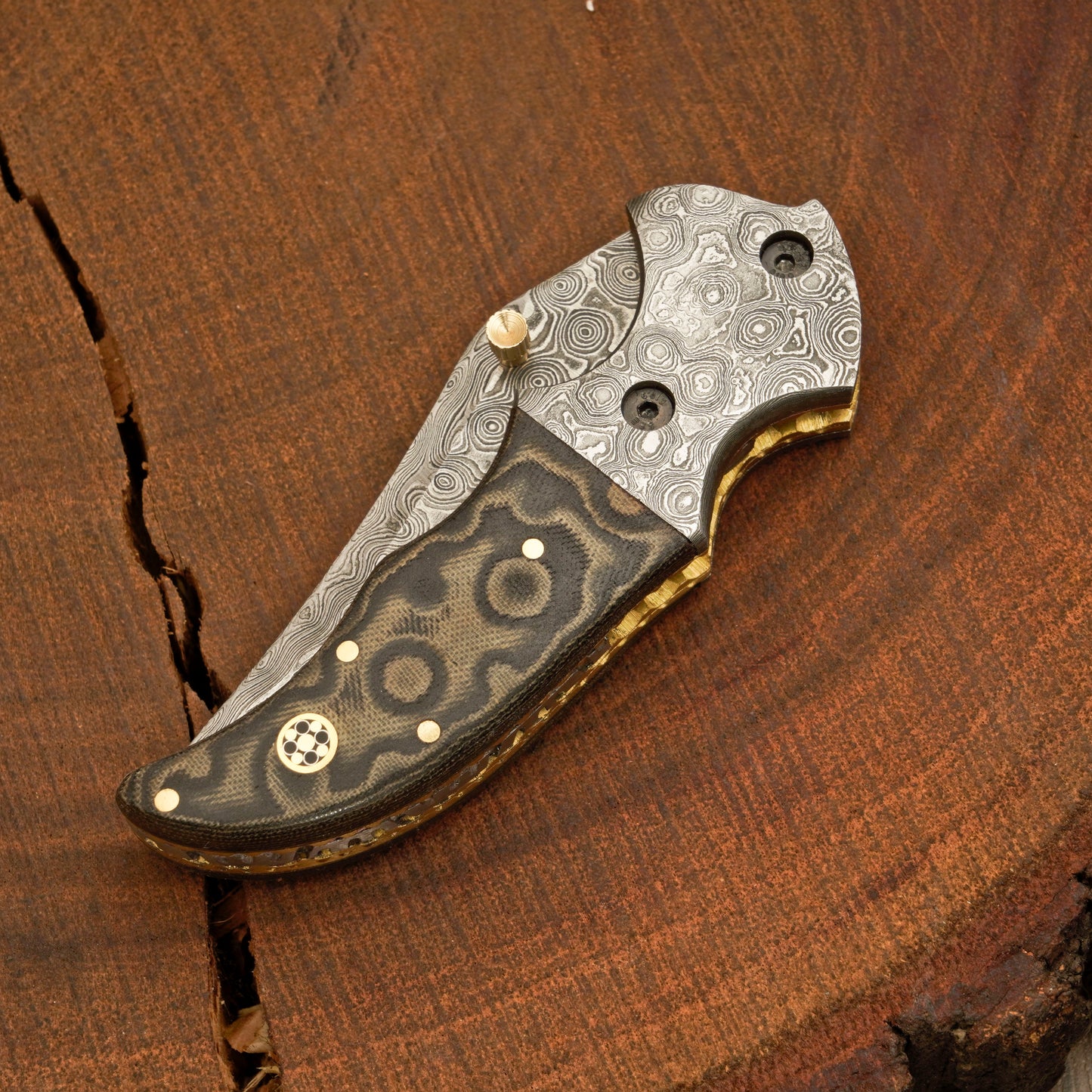7 inch Pocket Folding Knife - Raindrop Damascus Pattern - Damascus Bolster With Colored Resin Handle 3542