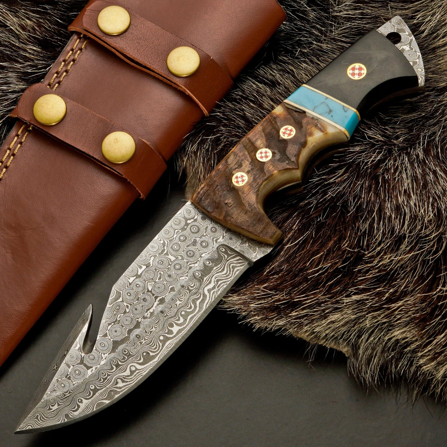 10" Hand Forged Damascus Steel Hunting Knife with Leather Sheath - Gut Hook Hunting Knife