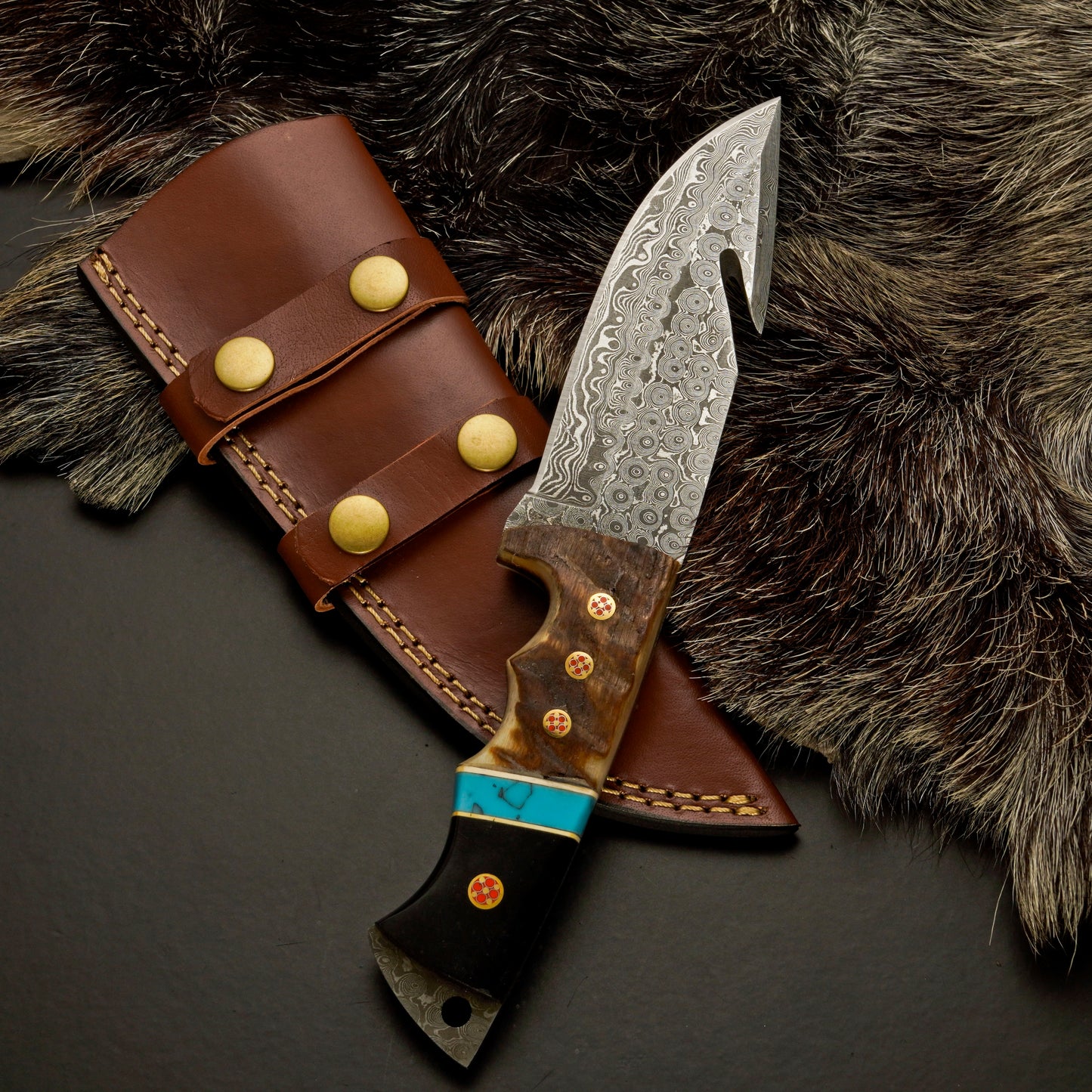 10" Hand Forged Damascus Steel Hunting Knife with Leather Sheath - Gut Hook Hunting Knife