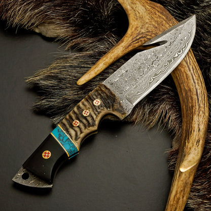 10" Hand Forged Damascus Steel Hunting Knife with Leather Sheath - Gut Hook Hunting Knife White Hills Knives